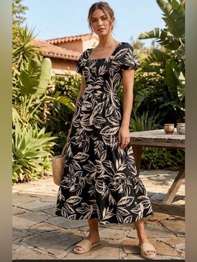 Anthropologie meadow Rhodes Square-Neck Black Midi Dress with Cream Leaf Print